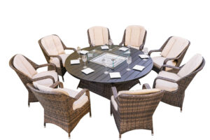 Brown Wicker Round Outdoor Fire Pit Dining Set With 8 Chairs - Luxurious Dwelling - Your Luxury Home Product Experts