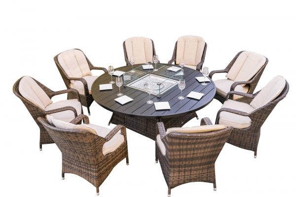 Brown Wicker Round Outdoor Fire Pit Dining Set With 8 Chairs - Image 1