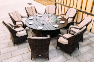 Brown Wicker Round Outdoor Fire Pit Dining Set With 8 Chairs - Luxurious Dwelling - Your Luxury Home Product Experts