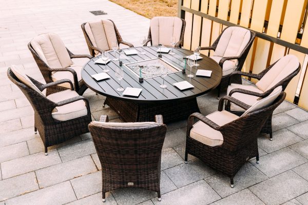 Brown Wicker Round Outdoor Fire Pit Dining Set With 8 Chairs - Image 2
