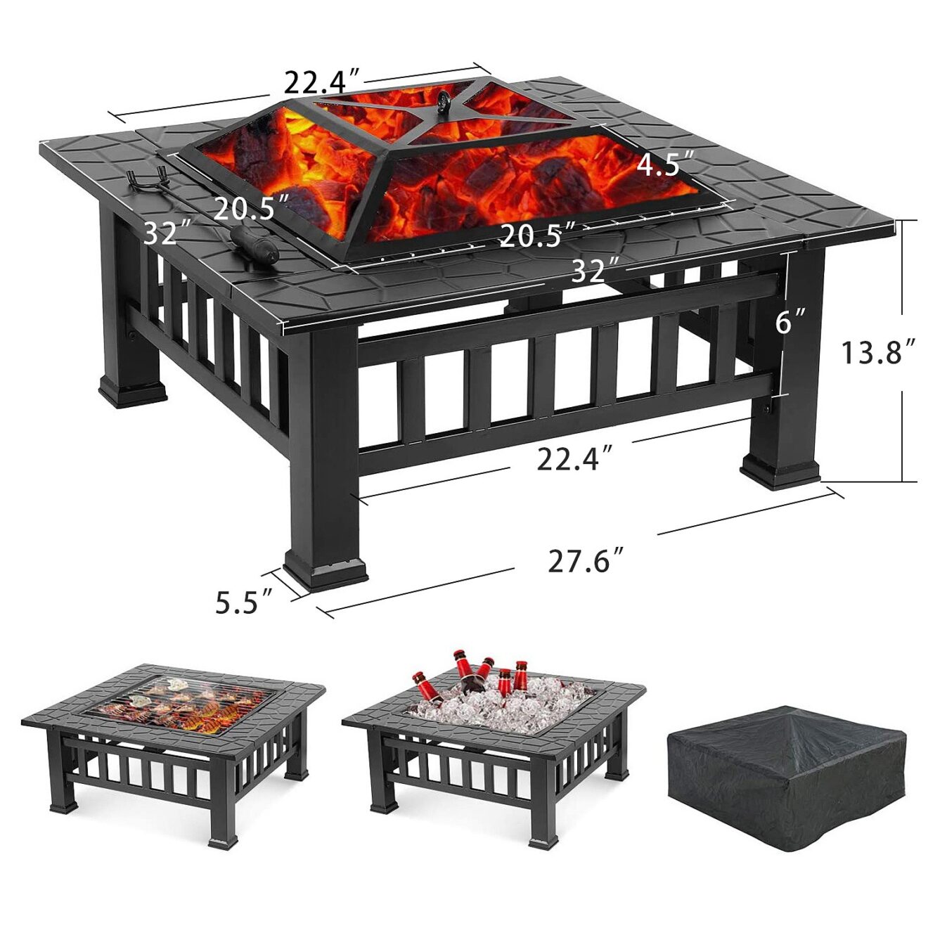 32" Black Square Charcoal or Wood Burning Fire Pit with Cover - Luxurious Dwelling - Your Luxury Home Product Experts