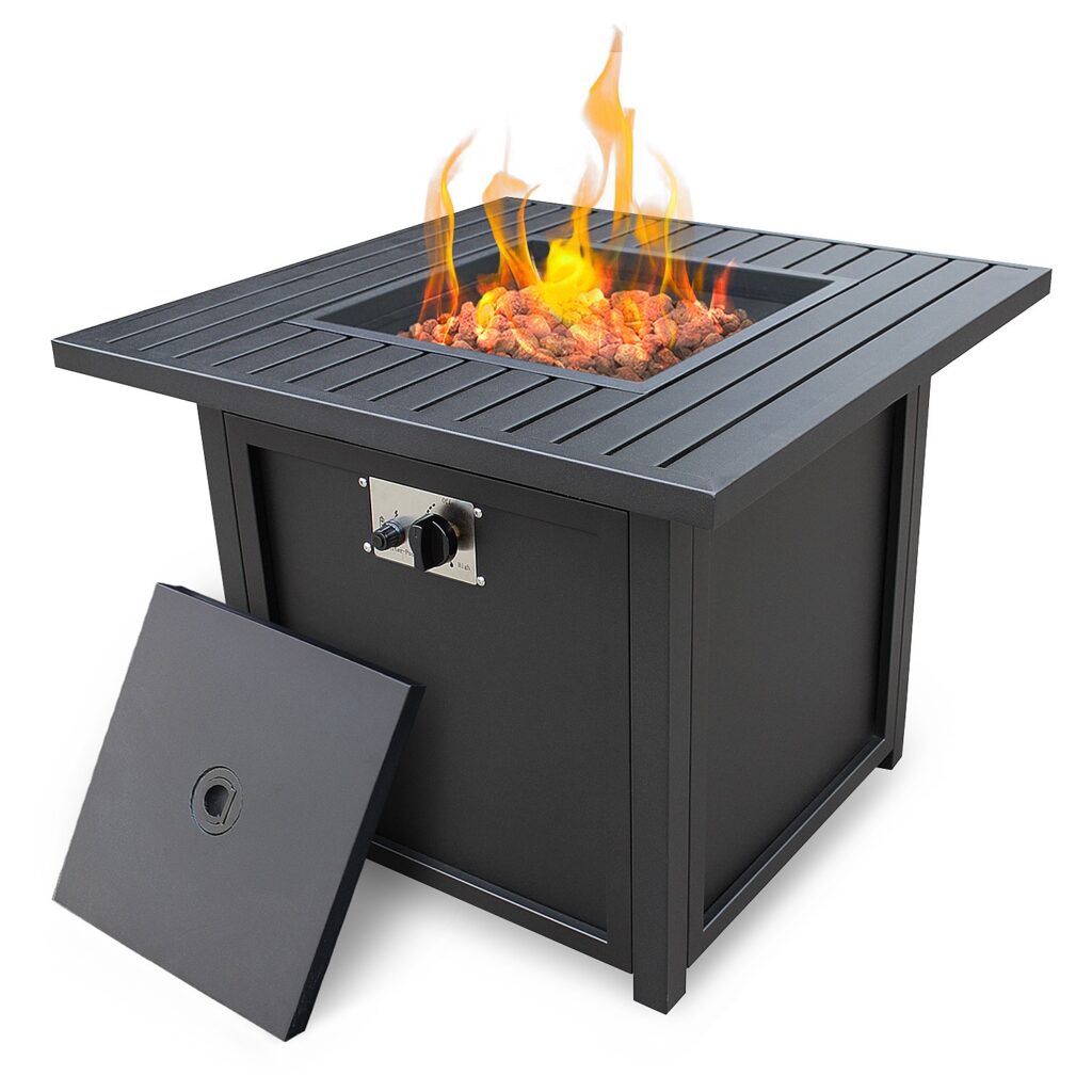 28" Black Square Propane Fire Pit with Lava Rocks and Cover - Luxurious Dwelling - Your Luxury Home Product Experts