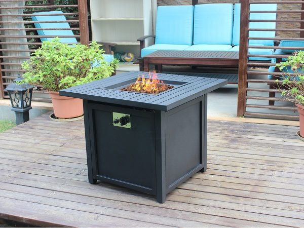 28" Black Square Propane Fire Pit with Lava Rocks and Cover - Image 4