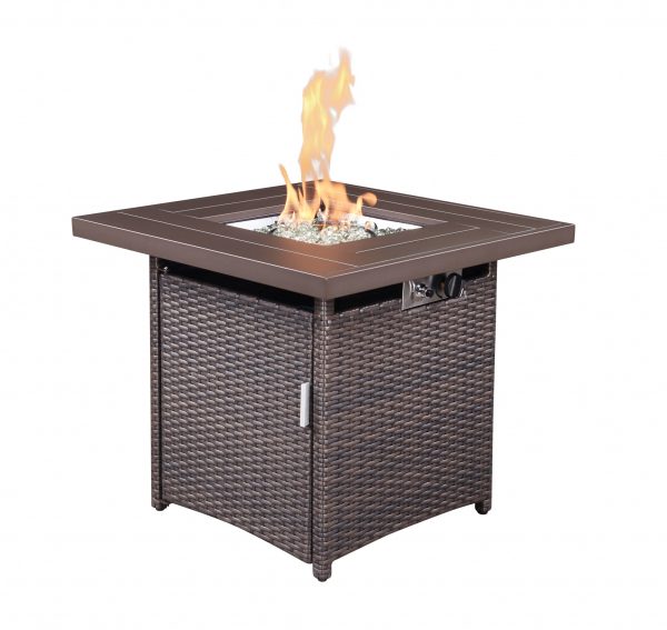 28" Brown Faux Rattan Design Square Propane Fire Pit with Glass Bead Rocks - Image 1