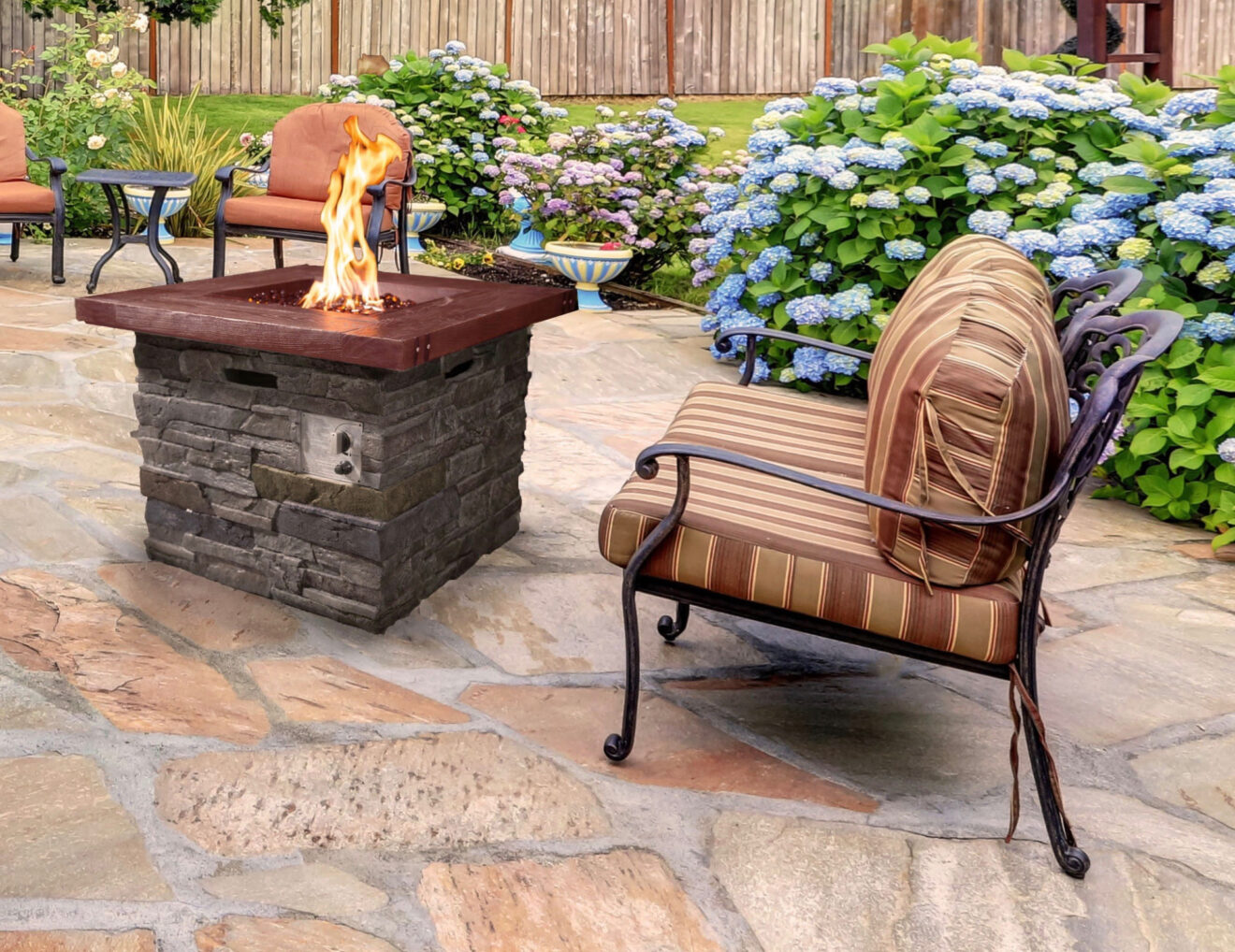 Outdoor Brown Wood and Brick Square Gas Fire Pit with Lava Rocks - Luxurious Dwelling - Your Luxury Home Product Experts