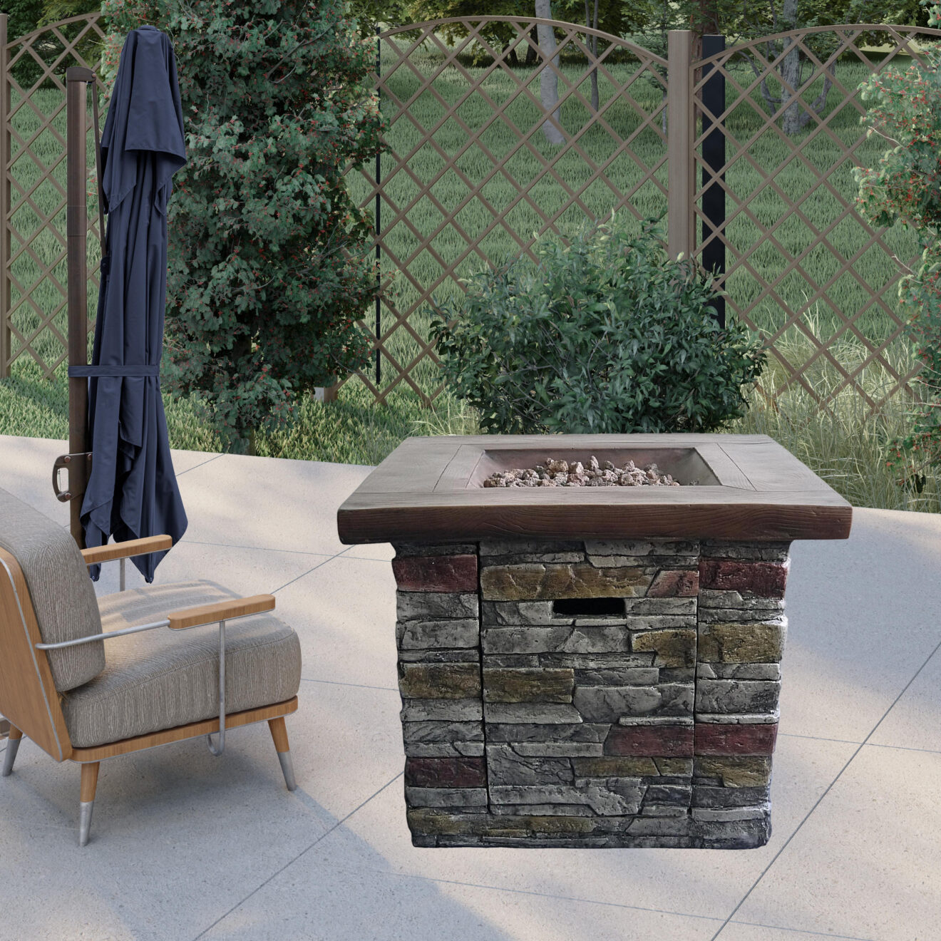 Outdoor Brown Wood and Brick Square Gas Fire Pit with Lava Rocks - Luxurious Dwelling - Your Luxury Home Product Experts