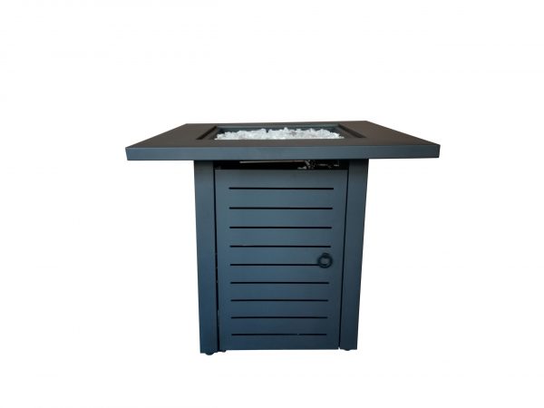Black Slatted Metal Square Fire Pit with Glass Rocks - Image 1