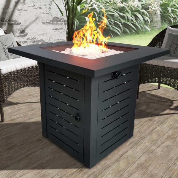 Black Slatted Metal Square Fire Pit with Glass Rocks - Image 5