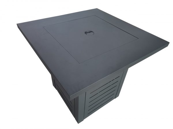 Black Slatted Metal Square Fire Pit with Glass Rocks - Image 3