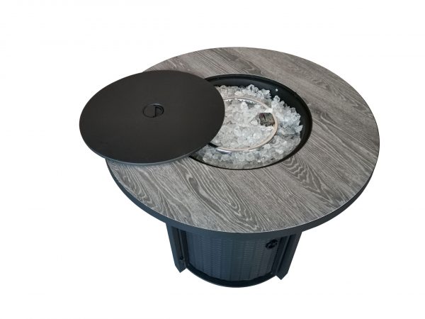 Round Black Metal and Tile Fire Pit with Glass Rocks - Image 1