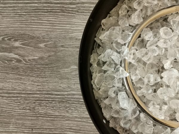 Round Black Metal and Tile Fire Pit with Glass Rocks - Image 4