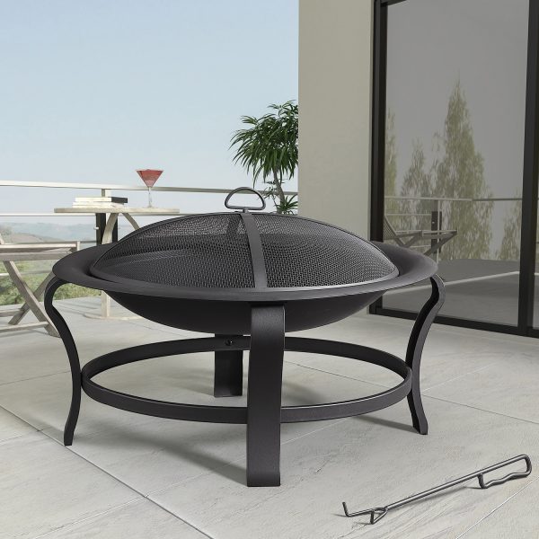 30" Black Round Steel Wood Burning Outdoor Fire Pit - Image 4