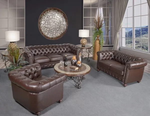 Classic Chesterfield Brown Sofa Set of 3 (KIT) - Image 1
