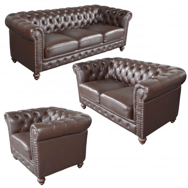 Classic Chesterfield Brown Sofa Set of 3 (KIT) - Image 2