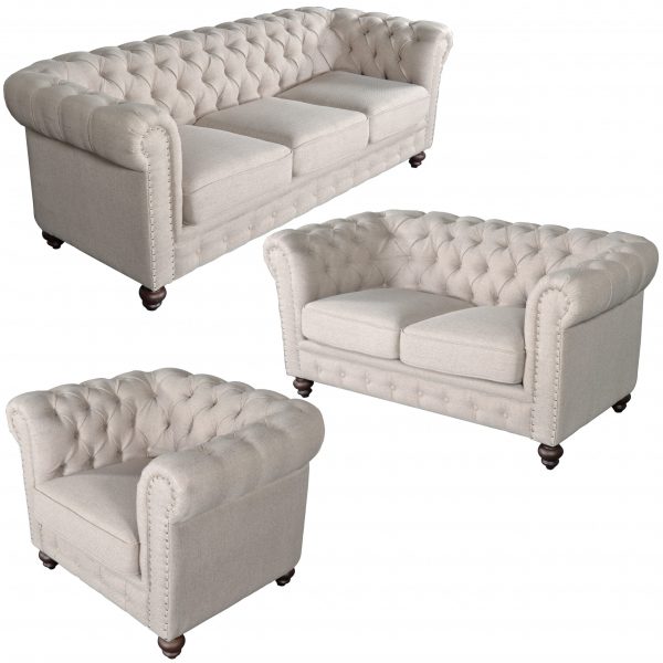 Classic Chesterfield Dark Linen Sofa Set of 3 - Image 2