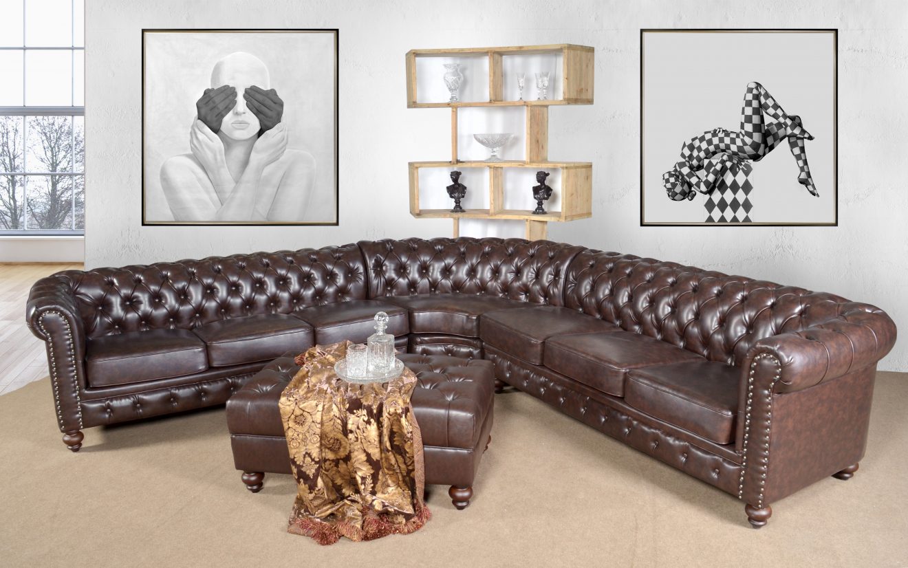 Classic Chesterfield Brown Sectional with Ottoman (KIT) - Luxurious Dwelling - Your Luxury Home Product Experts