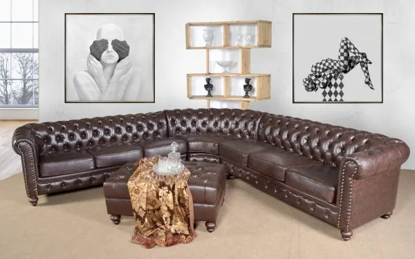 Classic Chesterfield Brown Sectional with Ottoman (KIT) - Image 1