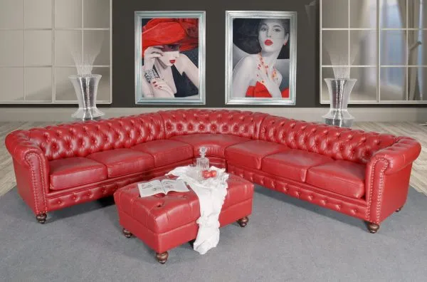 Classic Chesterfield Red Sectional with Ottoman(KIT) - Image 1