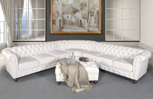 Classic Chesterfield White Sectional with Ottoman (KIT) - Image 1