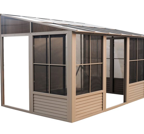 Wall-mounted solarium gazebo with polycarbonate roof, beige aluminum frame, and screened walls. Features a sloped roof design, sliding glass doors, and partial solid paneling on lower walls. Ideal for patios or decks, providing an enclosed outdoor space protected from elements while allowing natural light.