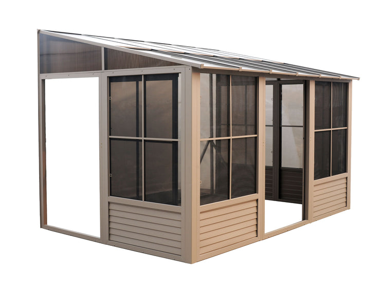 Wall-mounted solarium gazebo with polycarbonate roof, beige aluminum frame, and screened walls. Features a sloped roof design, sliding glass doors, and partial solid paneling on lower walls. Ideal for patios or decks, providing an enclosed outdoor space protected from elements while allowing natural light.