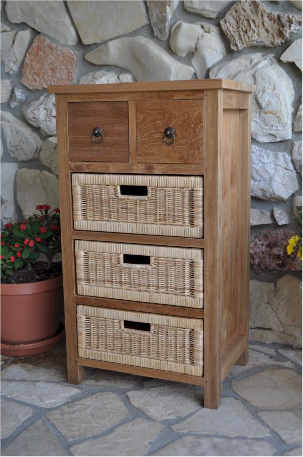 Anderson Teak Safari Occasional Table w/ Drawer & Rattan Baskets - Image 3