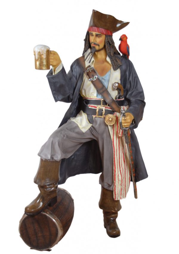 Caribbean Pirate Life Size Statue with Rum and Parrot - Image 1