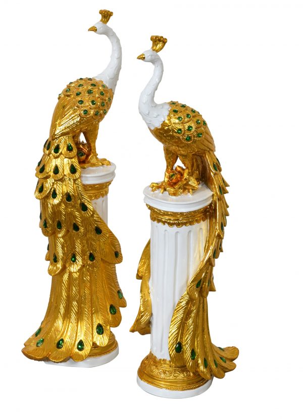 Golden Emerald Peacocks on Pedestal Set of 2 - Image 1