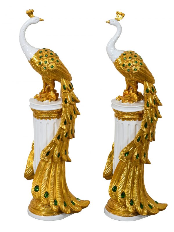 Golden Emerald Peacocks on Pedestal Set of 2 - Image 3