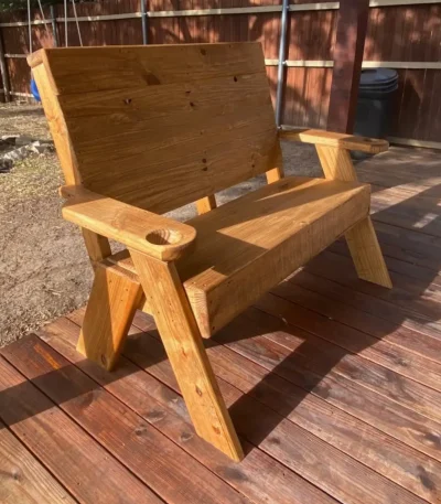 Rustic Wooden Outdoor Bench with High Back and Cup Holders