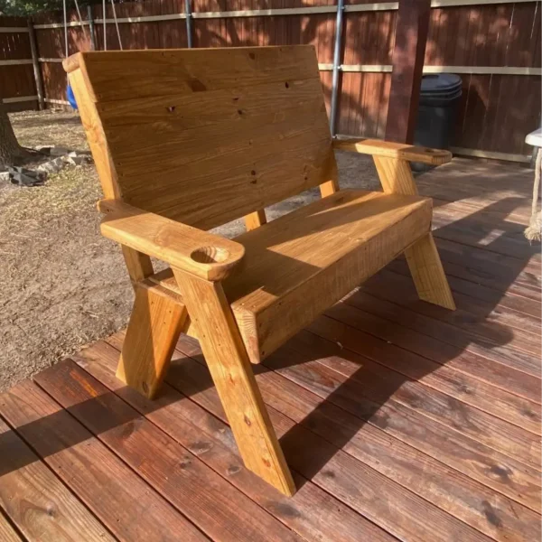 Rustic Wooden Outdoor Bench with High Back and Cup Holders