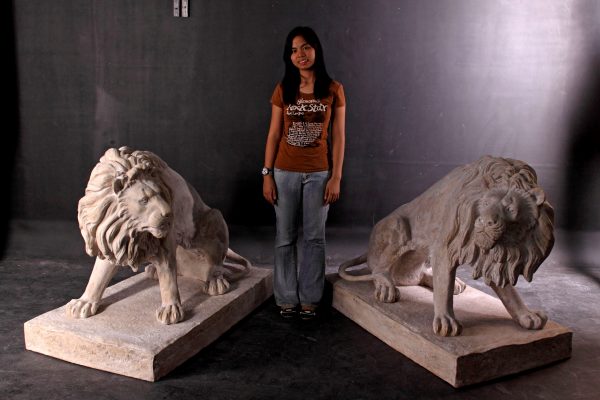 Symmetrical Pair of 39 Inch Entry Lions in Rough Stone - Image 4