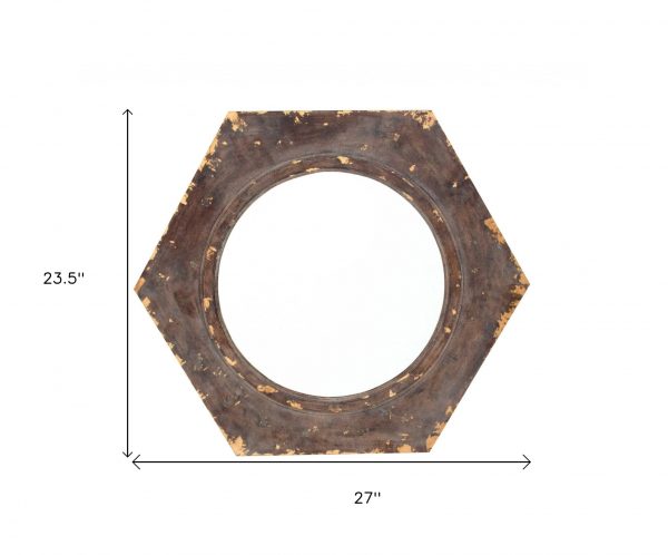 Homeroots - 24" Bronze Hexagon Distressed Wood Framed Accent Mirror - Image 6