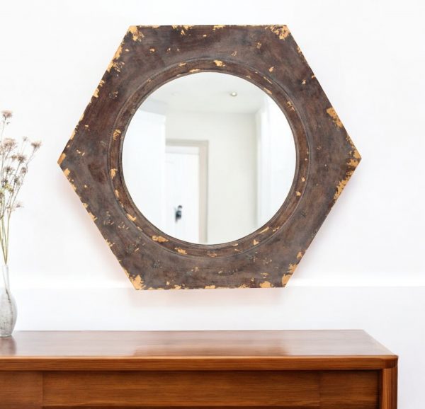 Homeroots - 24" Bronze Hexagon Distressed Wood Framed Accent Mirror - Image 1