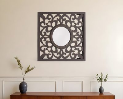 Homeroots - 24" Brown Circle In Square Vintage Style Framed Accent Mirror