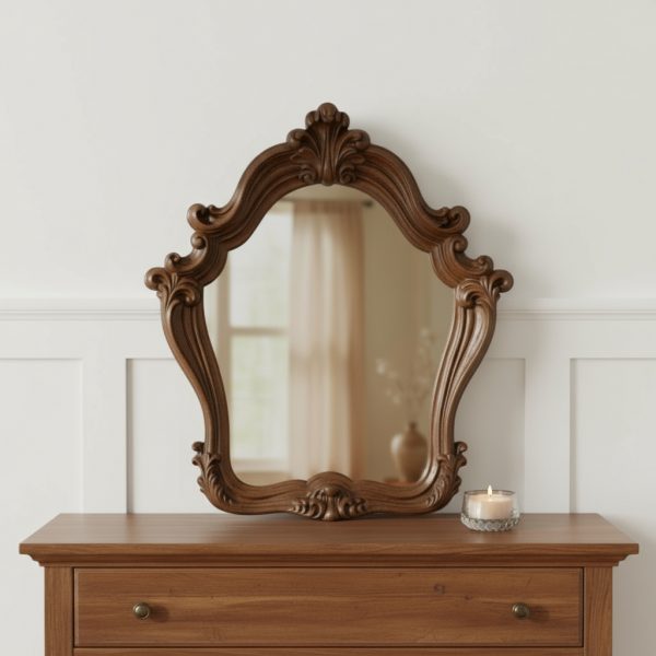 Homeroots - 47" Brown Crowned Top Solid Wood Framed Mounted Dresser Mirror - Image 1