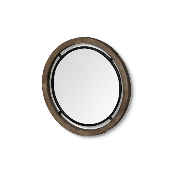 Homeroots - 19" Brown And Black Metal And Wood Round Framed Accent Mirror - Image 2