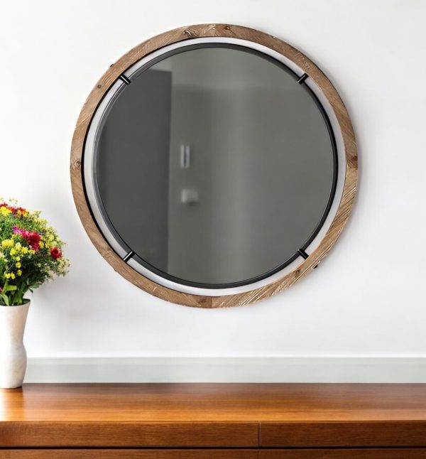 Homeroots - 19" Brown And Black Metal And Wood Round Framed Accent Mirror - Image 1