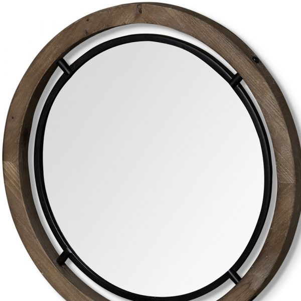 Homeroots - 24" Brown And Black Round Metal And Wood Framed Accent Mirror - Image 7