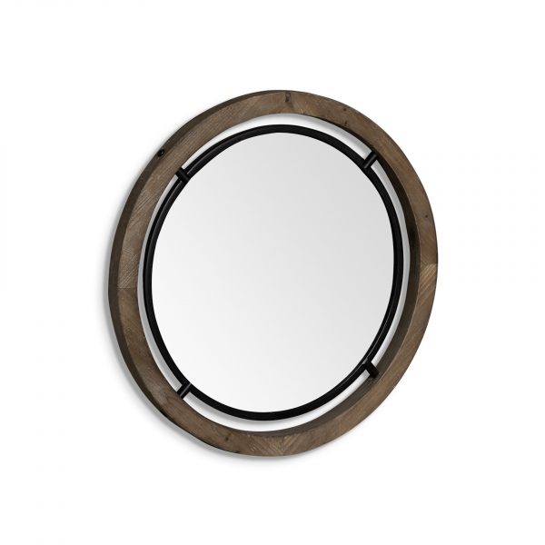 Homeroots - 24" Brown And Black Round Metal And Wood Framed Accent Mirror - Image 3