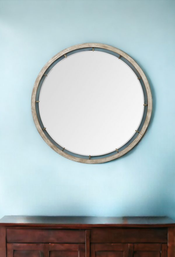 Homeroots - 54" Brown Round Wood And Metal Framed Accent Mirror - Image 1