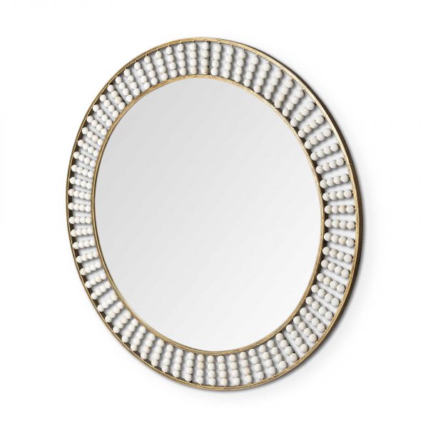 Homeroots - 42" Round Gold Metal Frame Wall Mirror With White Wood Beads - Image 2