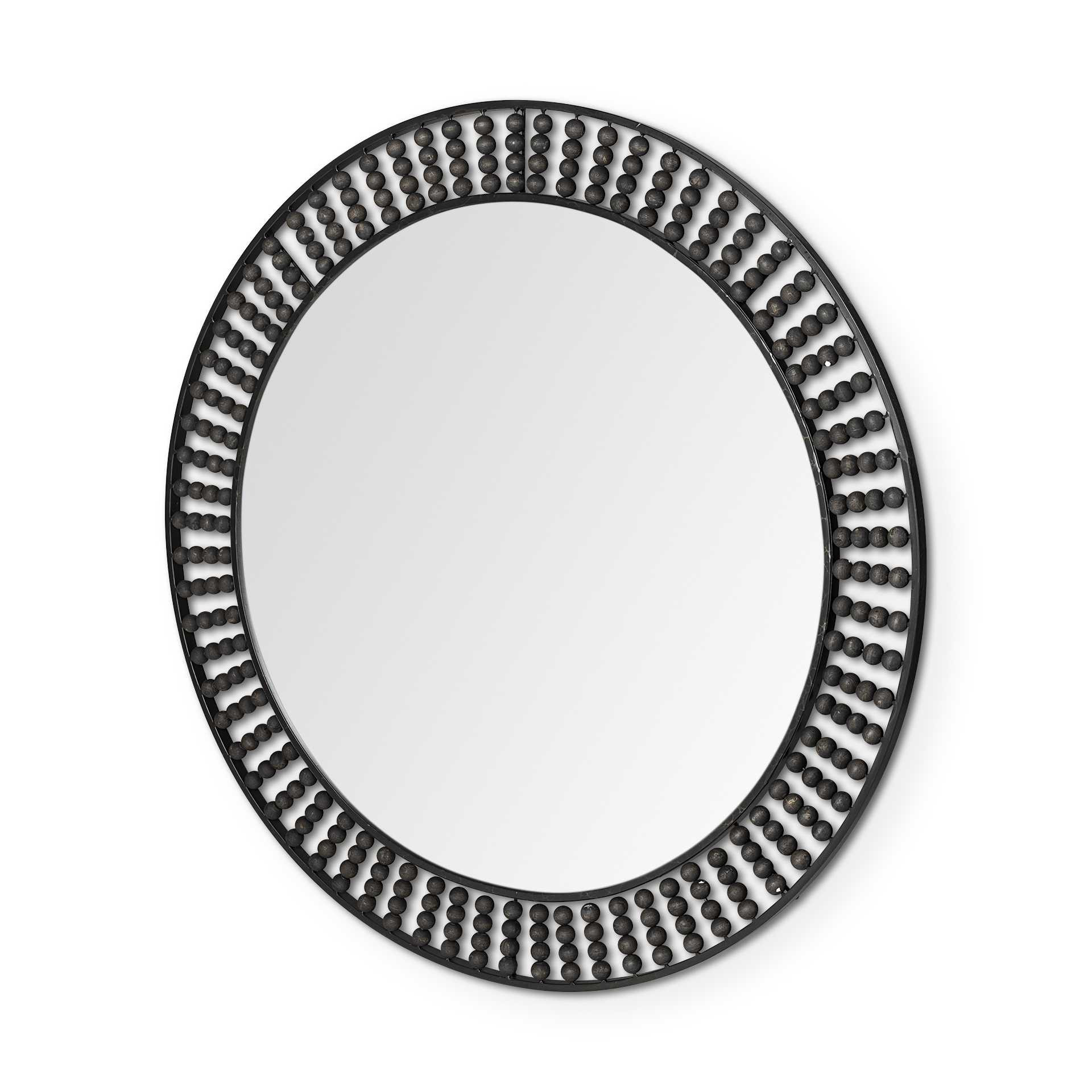 376427_1 Homeroots - 42" Round Black Metal Frame Wall Mirror With Wood Beads - Image 1