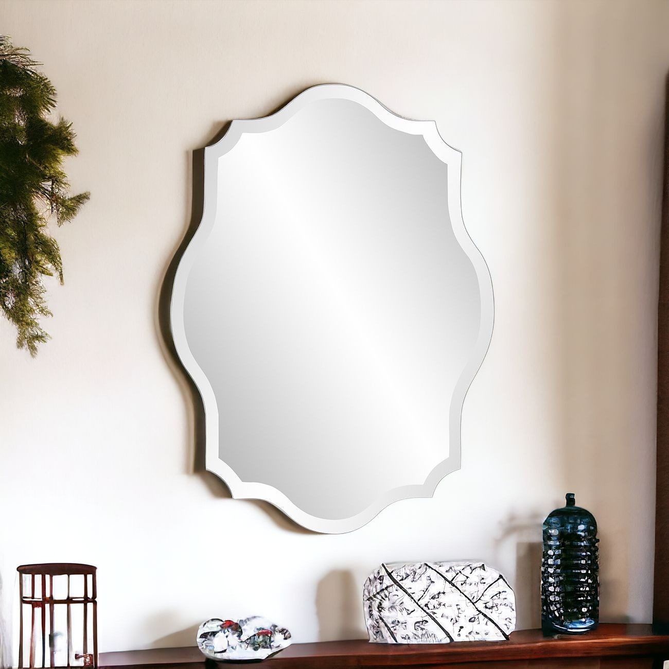 383713_7 Homeroots - 32" Clear Scalloped Edges Unframed Accent Mirror - Image 1