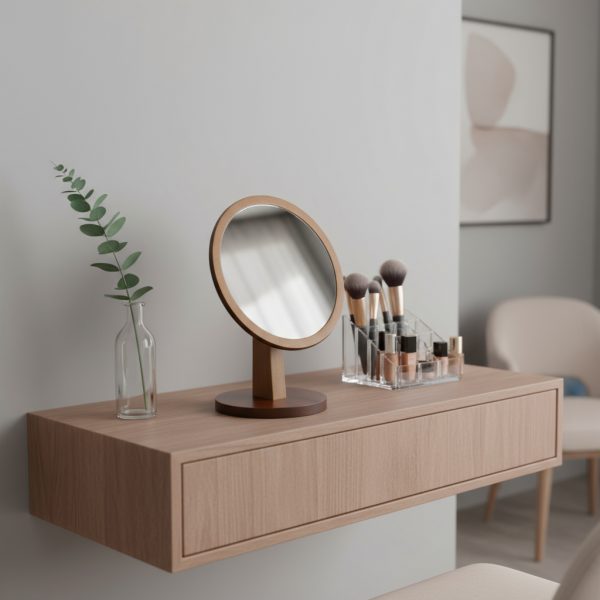 Homeroots - 10" Brown Round Framed Makeup Shaving Tabletop Mirror - Image 1