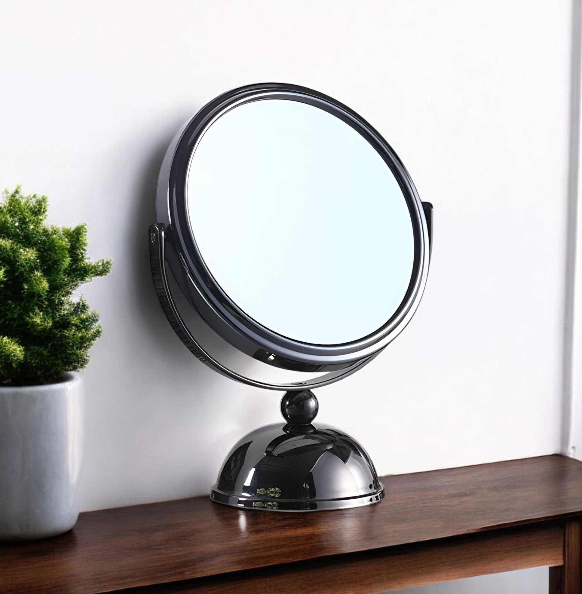 468358_8_5XKDRzC6 Homeroots - 9" Black Round Metal Framed Makeup Shaving Tabletop Mirror - Image 1