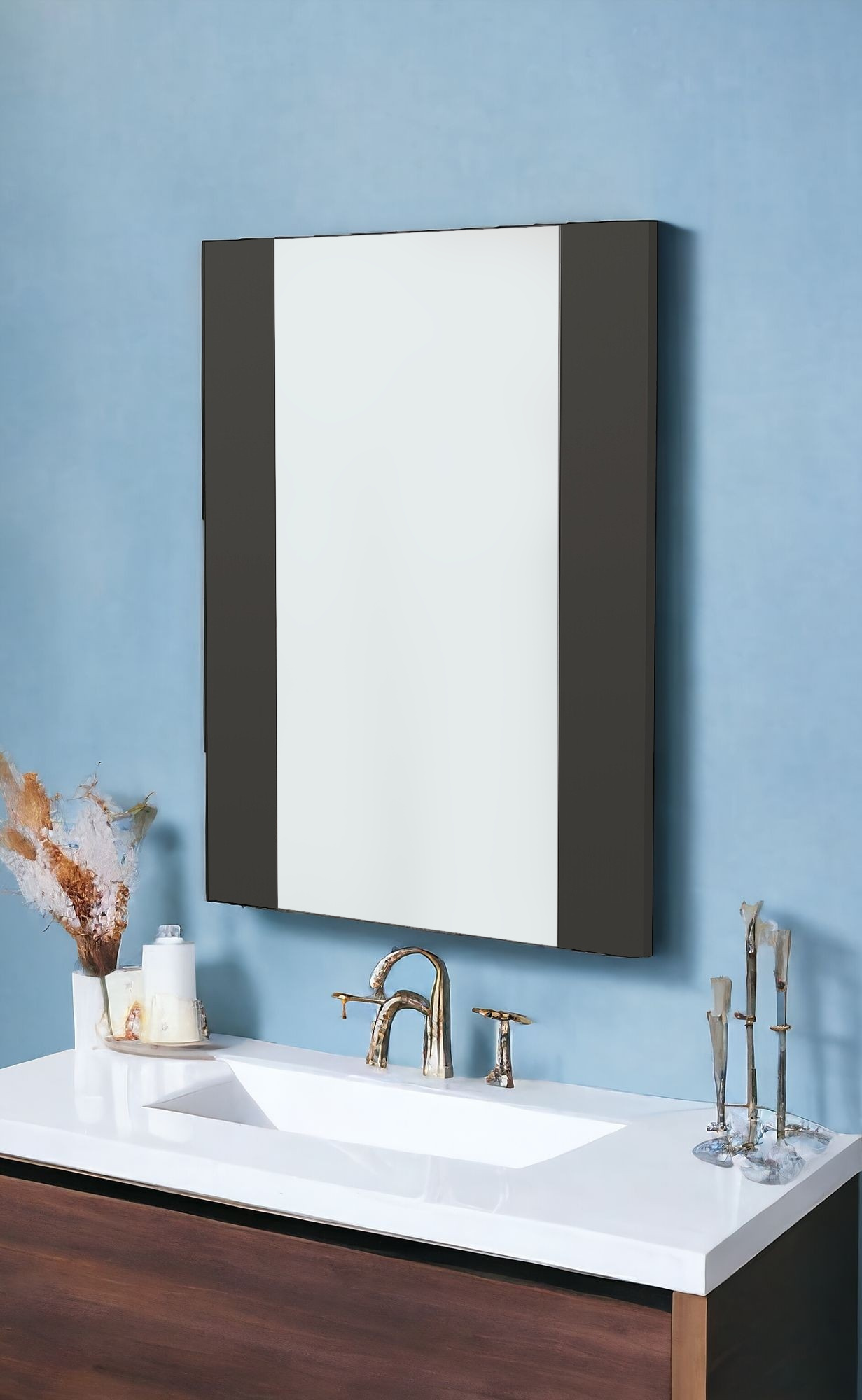 478404_6 Homeroots - 24" Black Wood Framed Bathroom Vanity Mirror - Image 1