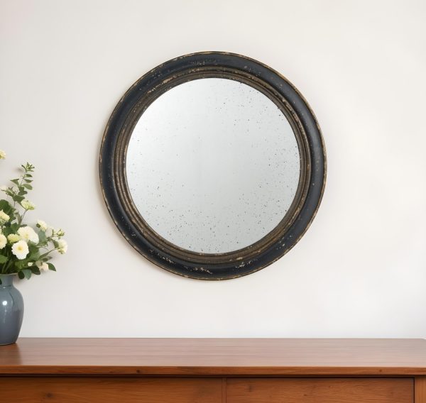 Homeroots - 24" Dark Brown Distressed Wood Round Framed Accent Mirror - Image 1