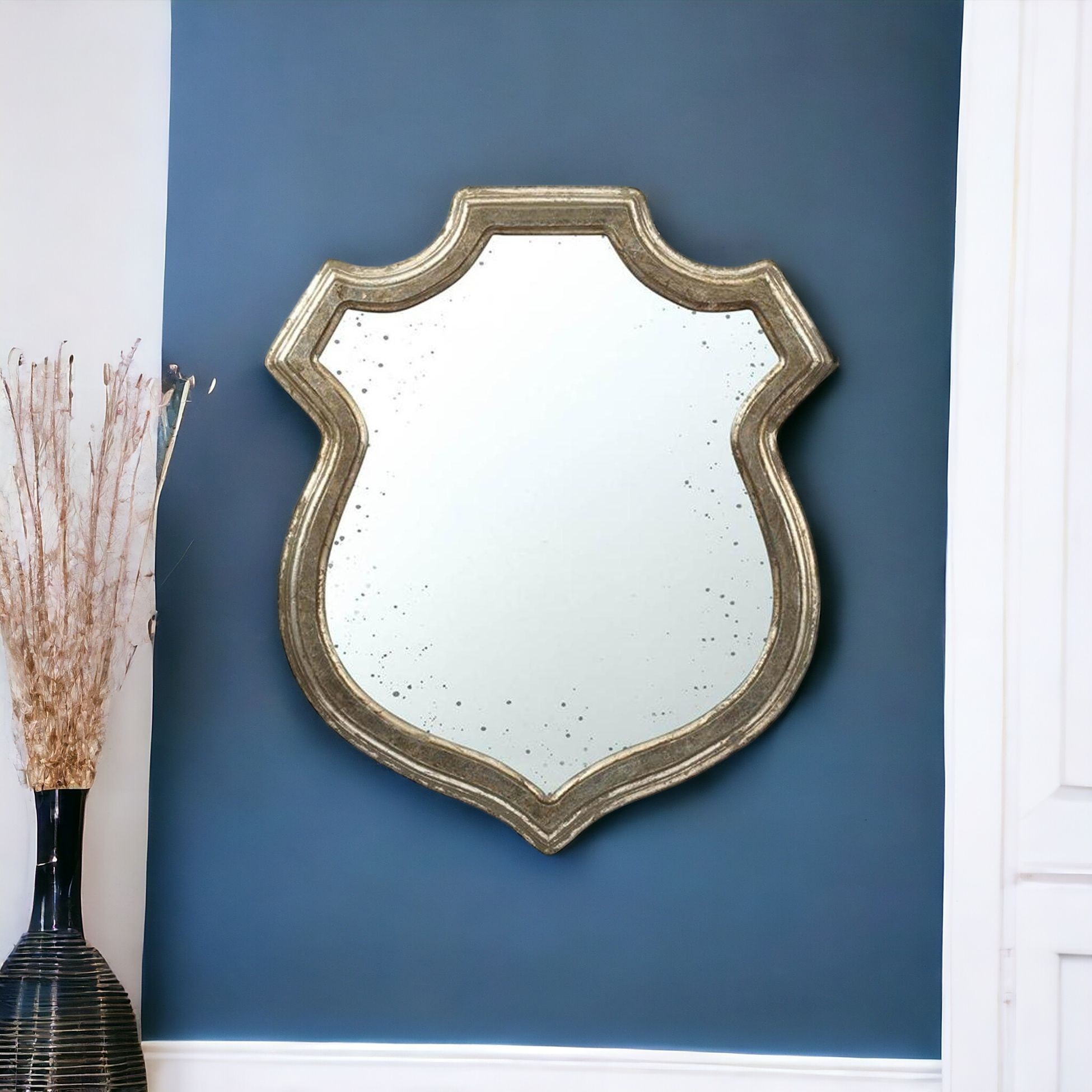 484987_9 Homeroots - 24" Distressed Metallic Crest Shape Wall Mounted Accent Mirror Framed - Image 1