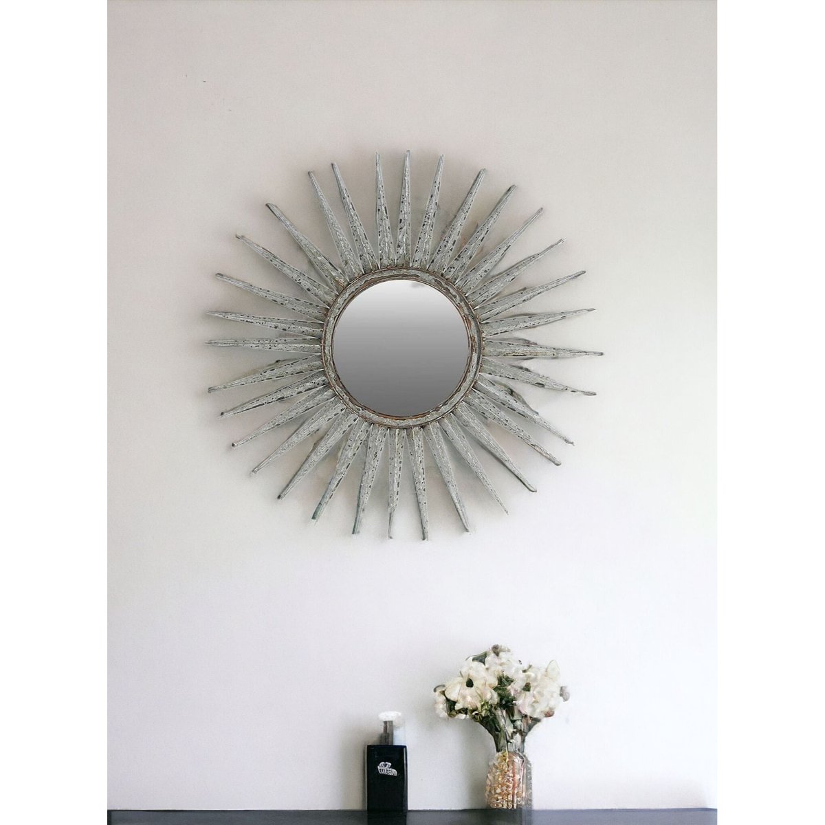 484988_6 Homeroots - 30" Antiqued Silver Gray Sunburst Wall Mounted Accent Mirror - Image 1